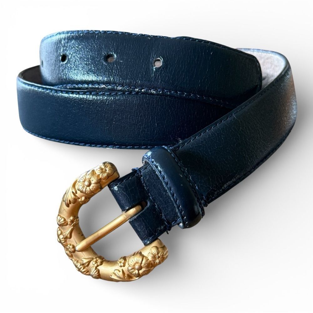 Vintage Liz Claiborne Blue Genuine Bonded Leather Belt Ornate Gold Buckle Large